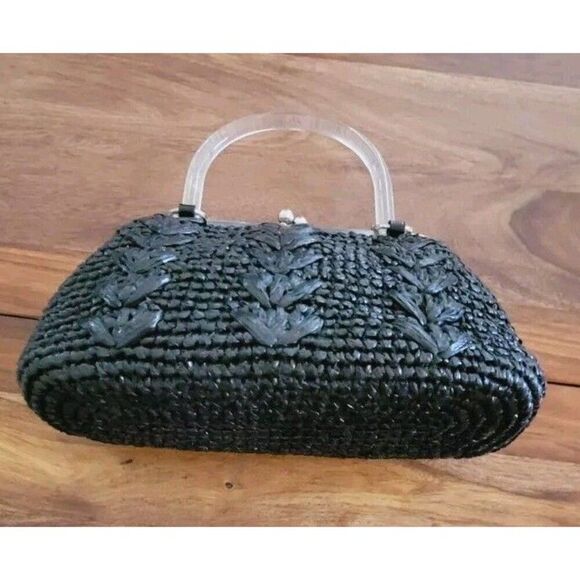 Trina Turk Woven Nylon Raffia Purse Black and Silver With Clear Handle - Picture 9 of 10